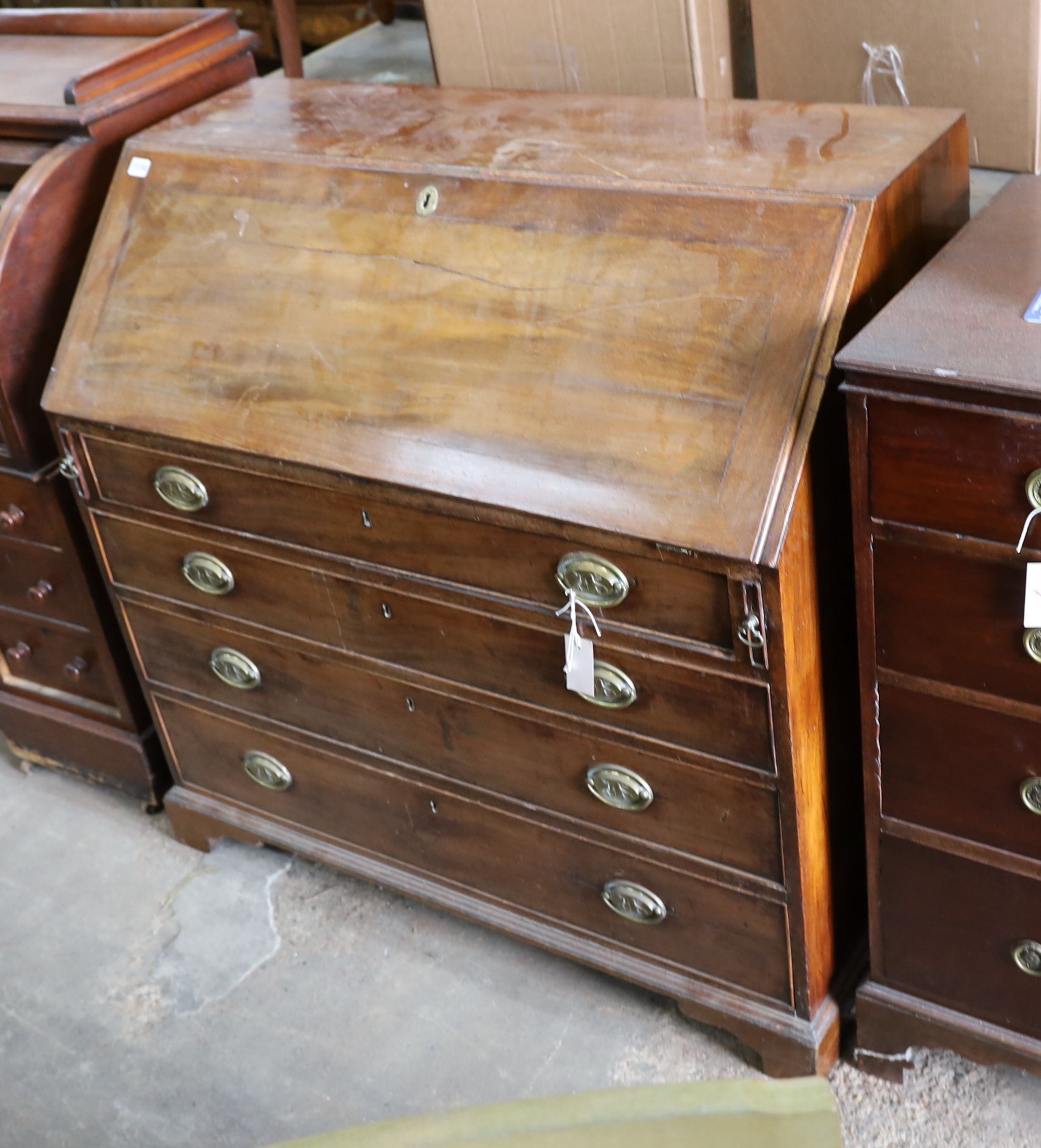 A George III mahogany bureau, width 107cm, depth 54cm, height 104cm